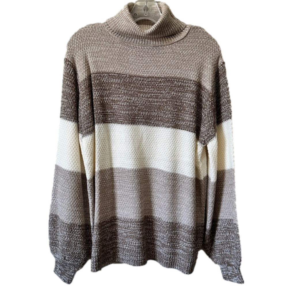 Zenana Sweater Women's XL Color Block Cable Knit Turtle Neck Brown/White - Picture 2 of 5